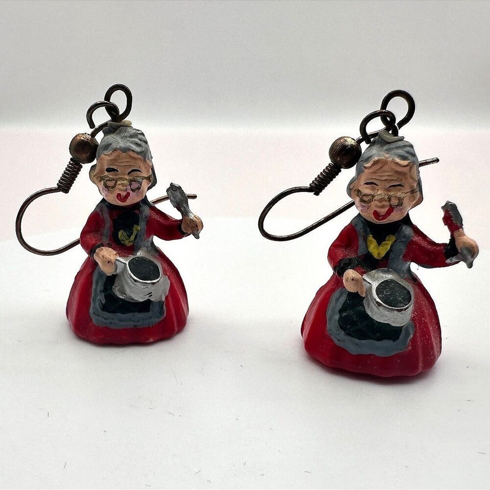 Vintage 90s Mrs Claus Christmas Earrings Red Resin Hand Painted Holiday Dangle